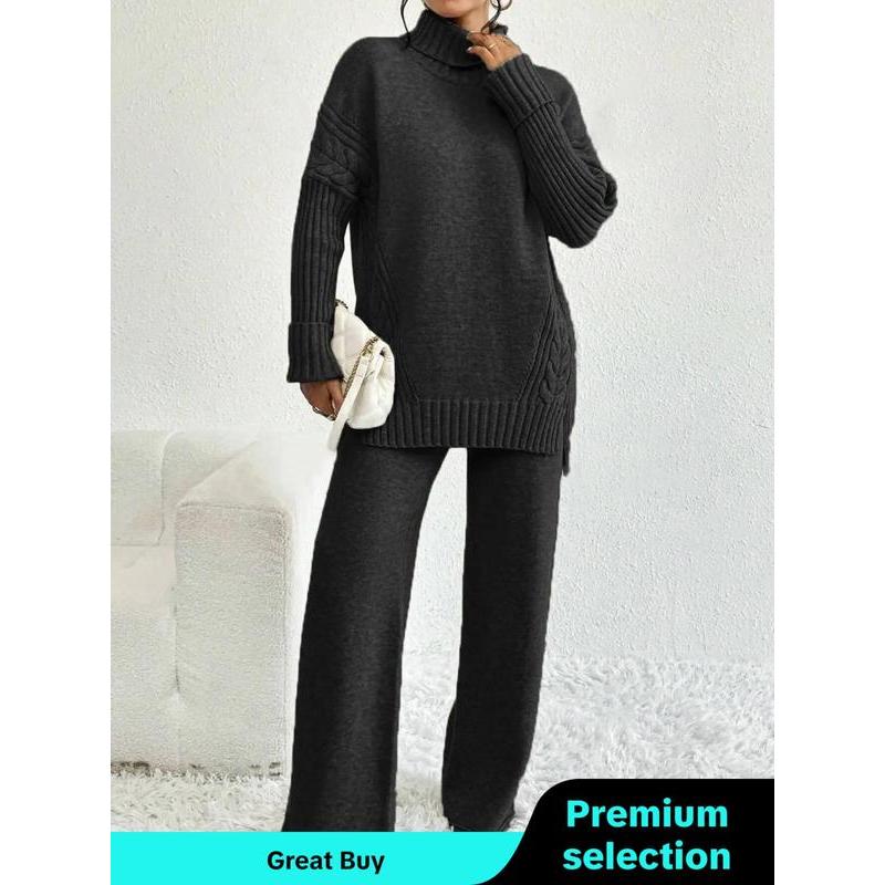 Two-Piece Set Women's Textured Split High Low Hem Sweater & Wide Leg Knitting Pants, Casual Fashion Cozy Turtle Neck Jumper & Trousers for Daily Outdoor Wear, Women's Knitwear for Fall & Winter