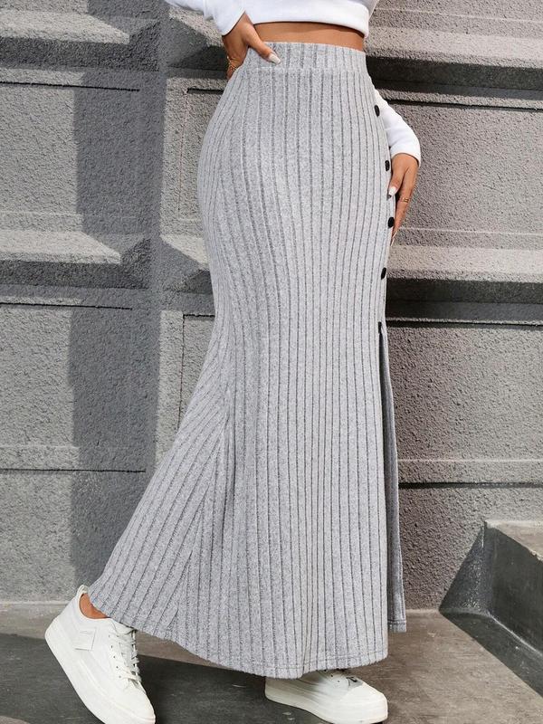Women's Plain Button Decor Split Thigh Ribbed Skirt, Casual Fashion Long Skirt for Spring & Fall, Women's Bottoms for Daily Wear