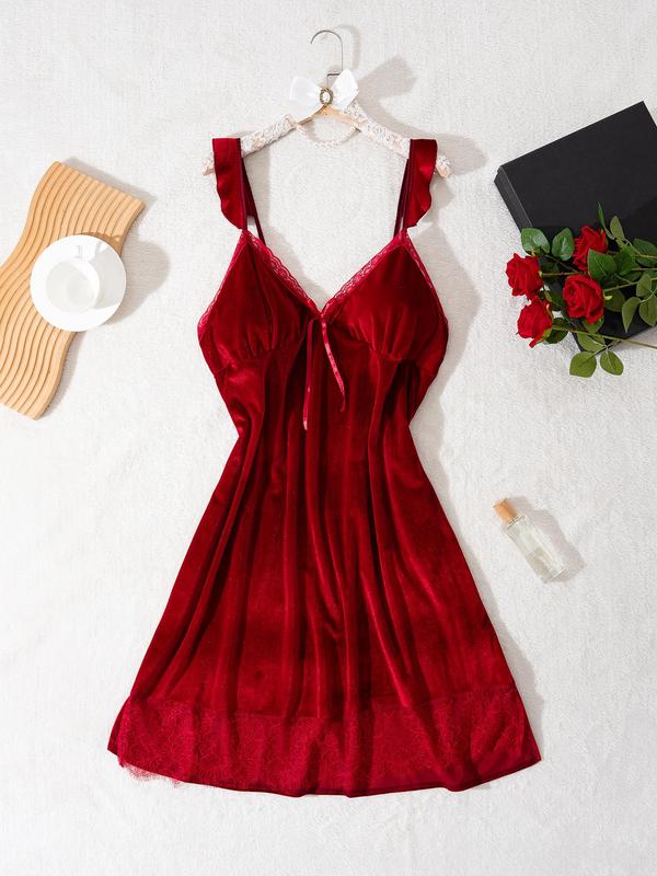  Ruched Bow Decor Contrast Lace Ruffle Trim Cami Nightdress, Solid Sleeveless Velvet Nightgown, Women's Sleepwear for All Seasons, Fashion Cozy Night Dress for Women & Girls