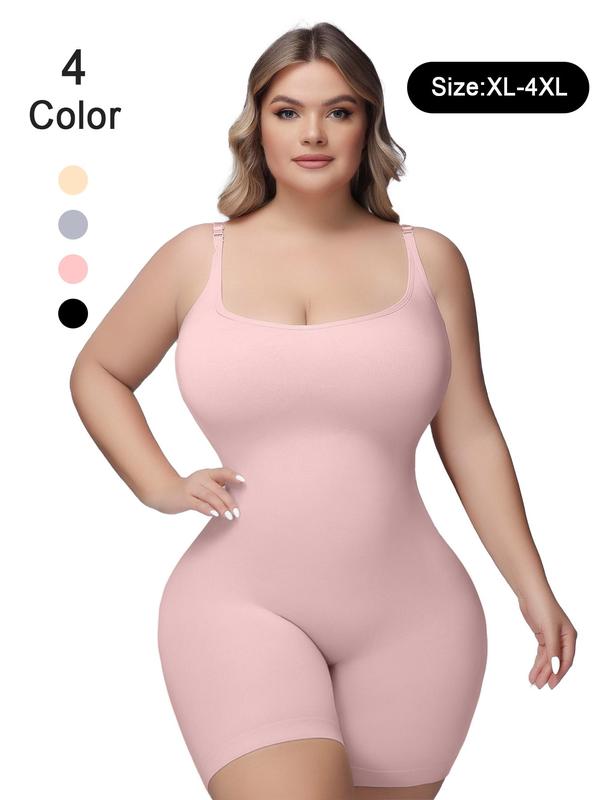 Plus Size Solid Adjustable Strap Shapewear Bodysuit, Basic Tummy Control Butt Lift Cami Bodysuit, Plus Size Women's Clothing, Summer Wear 2024, Womenswear Plus Size Clothes,  Plus Size Fall Clothing