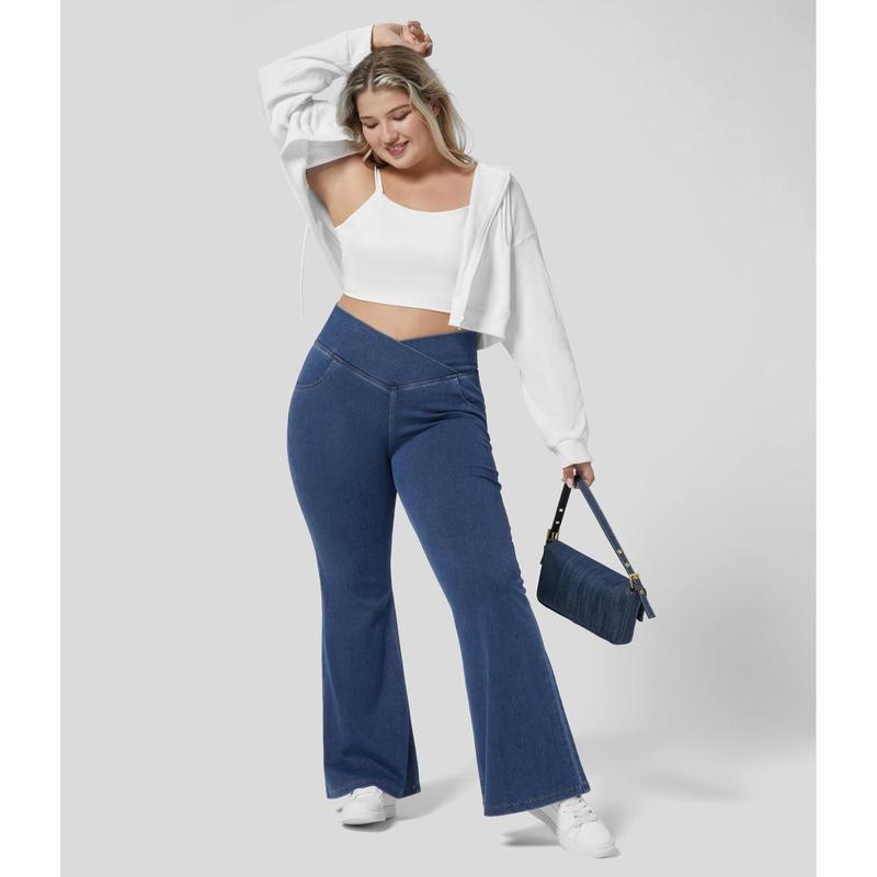 Halara Flex High Waisted Crossover Pocket Washed Stretchy Knit Casual Plus Size Super Flare Jeans