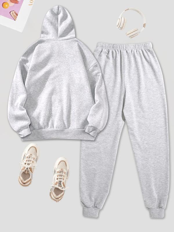 Women's Letter Print Drop Shoulder Hoodie & Drawstring Waist Pants Set, Back To School Outfits, Casual Comfort Pullover & Jogger Pants for Daily Wear, 2 Piece Sets Women, Outfit Sets for Women, Women's Clothes, Please Purchase A Size Up