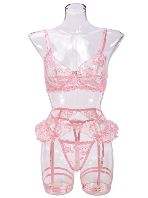 Women's Heart Embroidery Lace Bra & Garter Belt & Thong Set, Sexy Comfy Breathable Lingerie Set for Daily Wear, Women's Lingerie & Underwear for All Seasons