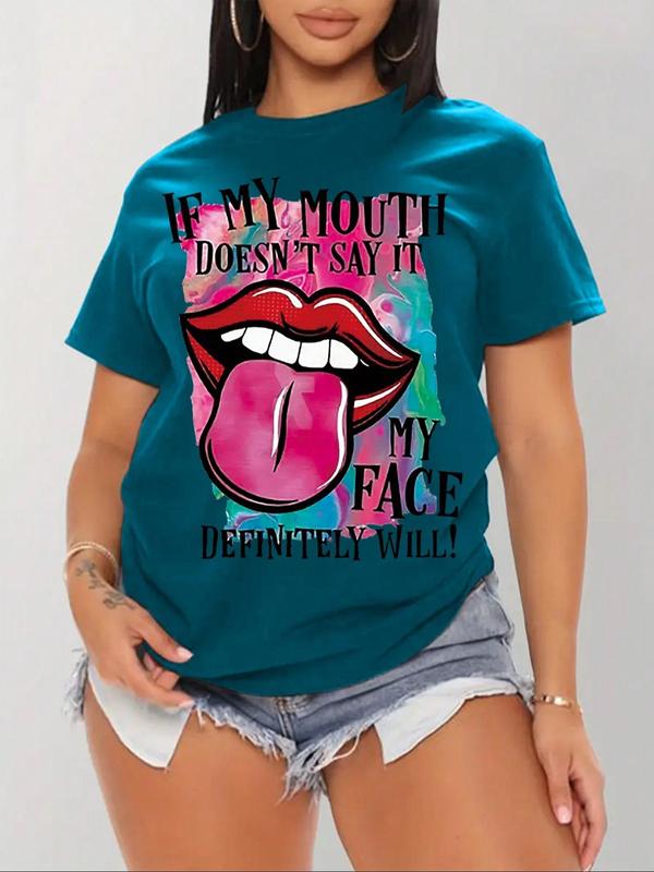  Cartoon & Letter Print Drop Shoulder Tee, Fashion Casual Crew Neck T-Shirt for Daily Holiday Vacation Outdoor Wear, Women Clothing for Summer