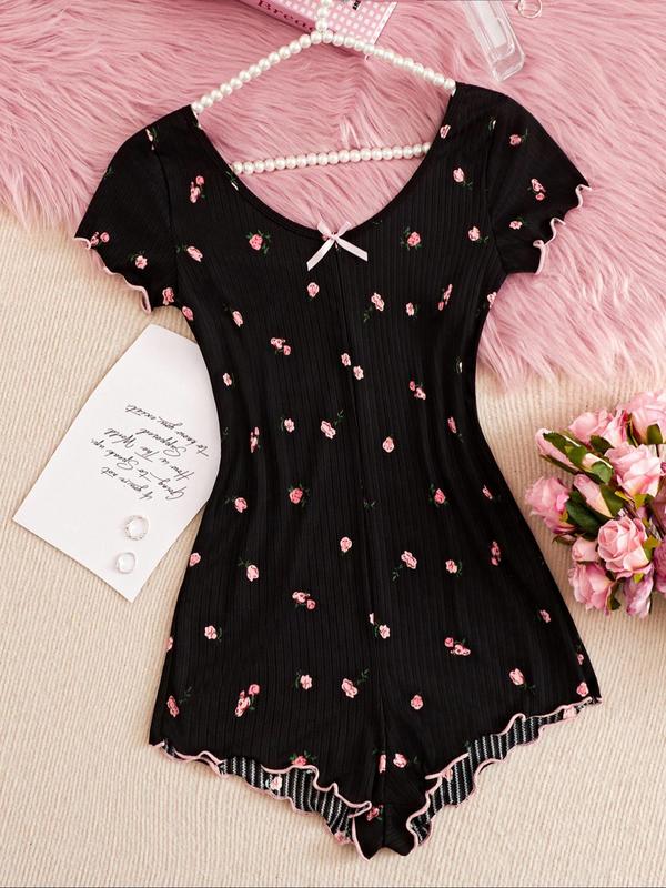 Women's Floral Print Bow Front Lettuce Trim Romper, Casual Scoop Neck Short Sleeve Romper For Daily Wear, Summer Wear 2024, Ladies Sleepwear For All Seasons Birthday Wear Black Girl