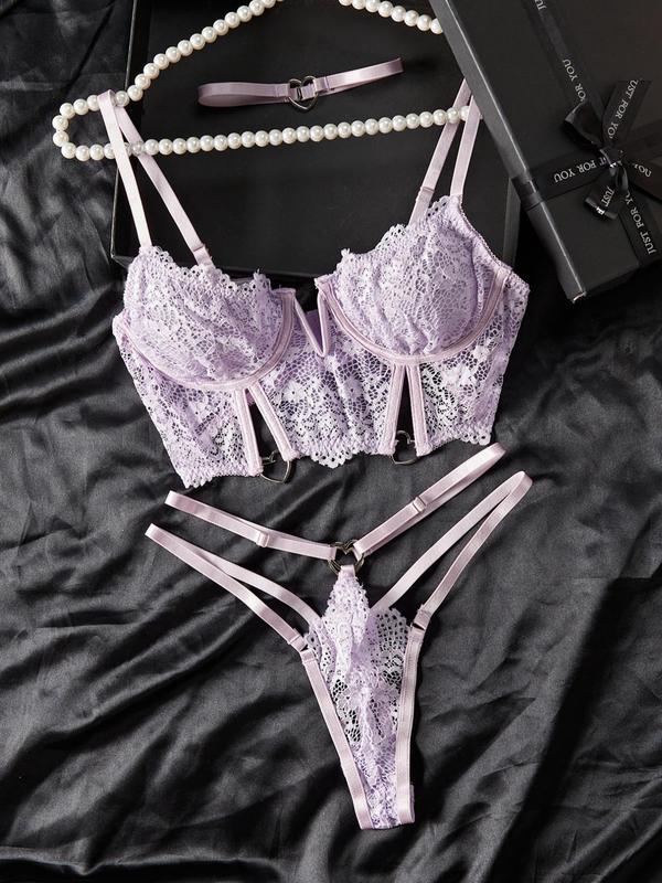 Women's Floral Lace Sheer Bra & Thong Sexy Lingerie Set, Romantic & Elegance Heart Ring Linked Lingerie Set, Women's Lingerie & Underwear