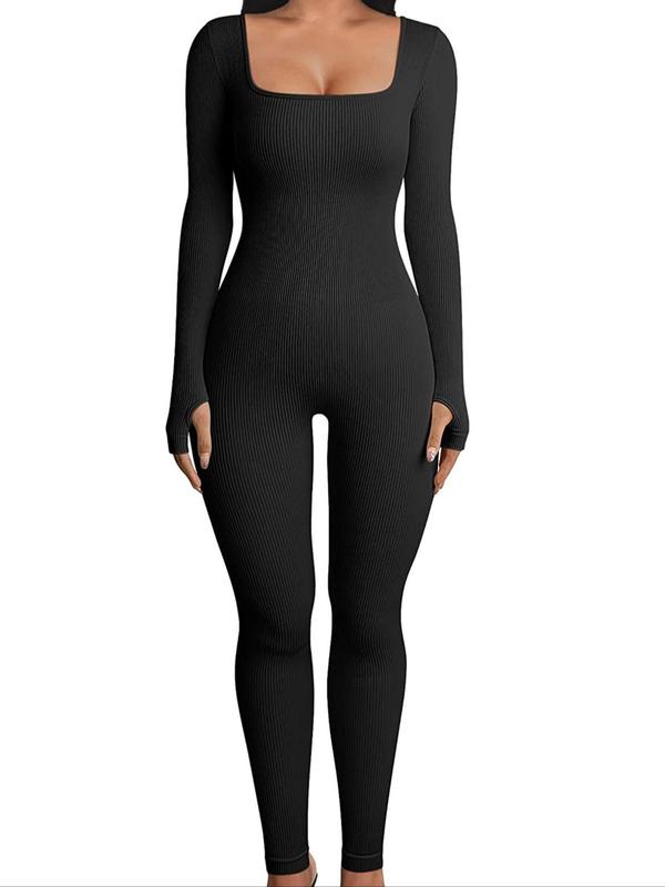 Women's Solid Cut Out Square Neck Ribbed Shapewear Jumpsuit, Casual Long Sleeve Bodycon Jumpsuit for Yoga Gym Workout, Lady's Shapewear Bodysuit for All Seasons, Fall Wear 2024