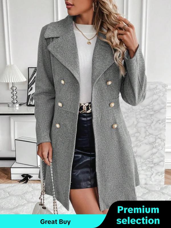 Women's Solid Double Button Pocket Overcoat, Casual Long Sleeve Lapel Neckline Outerwear for Daily Outdoor Womenswear, Lady Comfort Clothes for Fall & Winter, Fall Outfits, Coats for Women, Fallfreshness Clothes