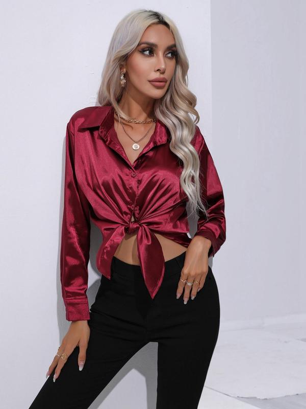 Women's Solid Button Front High Low Satin Shirt, Elegant Long Sleeve Collared Top for Spring & Fall, Women's Top for Work Office Business