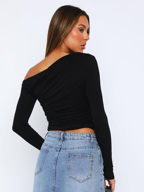 Women's Plain Ruched One Shoulder Tee, Casual Long Sleeve T-shirt for Fall, Women's Clothing for Daily Wear