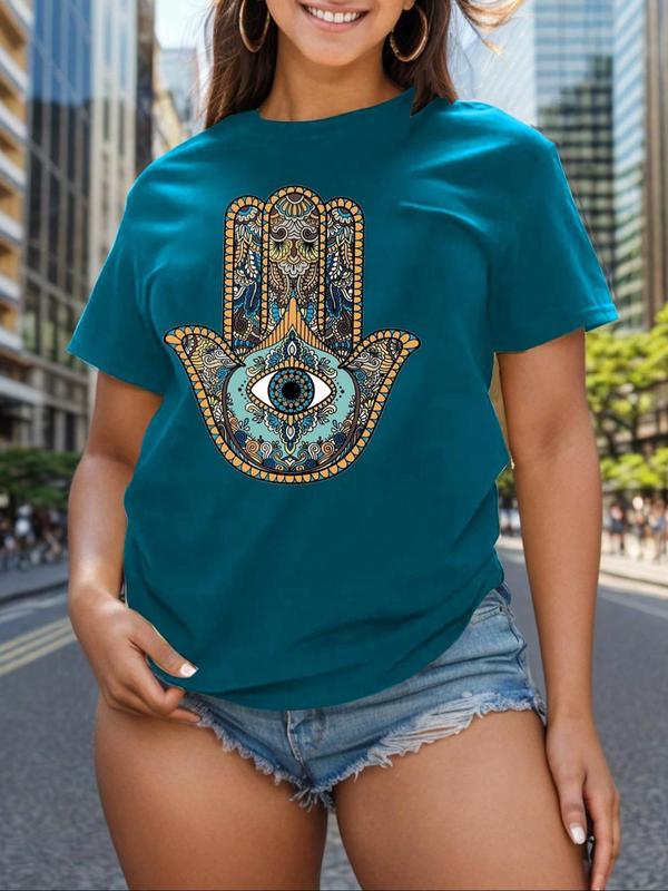  Cartoon & Letter Print Drop Shoulder Tee, Fashion Casual Crew Neck T-Shirt for Daily Holiday Vacation Outdoor Wear, Women Clothing for Summer