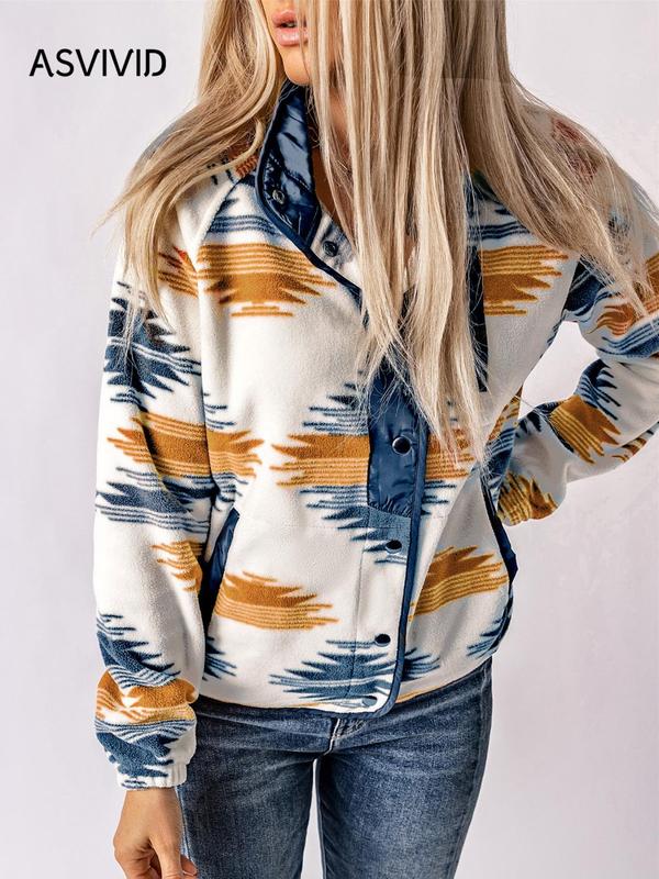 Women's Ethnic Pattern Button Front Pocket Jacket, Western Style Raglan Sleeve Stand Collar Zipper Fall Outerwear, Ladies Clothes for Daily Wear, Fall Outfits, Fallfreshness, Winter Outfits 2024, Preppy 80s Clothes