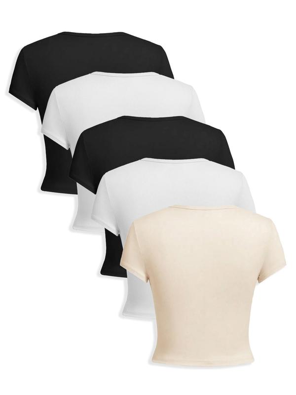 Women's 5 Counts Solid Round Neck Tee, Casual Short Sleeve Crew Neck T-shirt for Daily Wear, Ladies Clothes for All Seasons