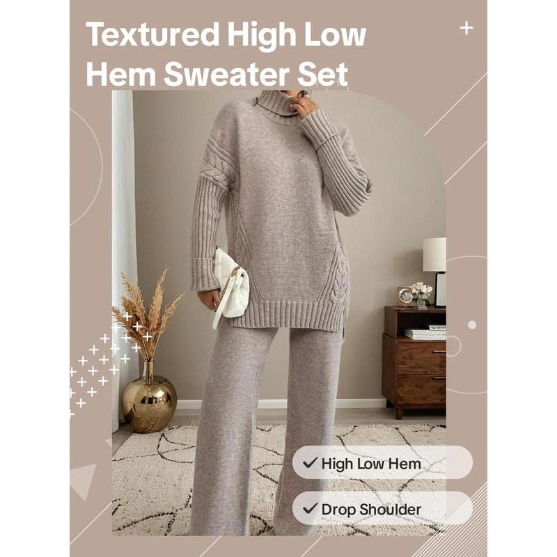 Two-Piece Set Women's Textured Split High Low Hem Sweater & Wide Leg Knitting Pants, Casual Fashion Cozy Turtle Neck Jumper & Trousers for Daily Outdoor Wear, Women's Knitwear for Fall & Winter