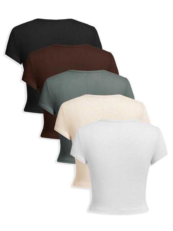 Women's 5 Counts Solid Round Neck Tee, Casual Short Sleeve Crew Neck T-shirt for Daily Wear, Ladies Clothes for All Seasons