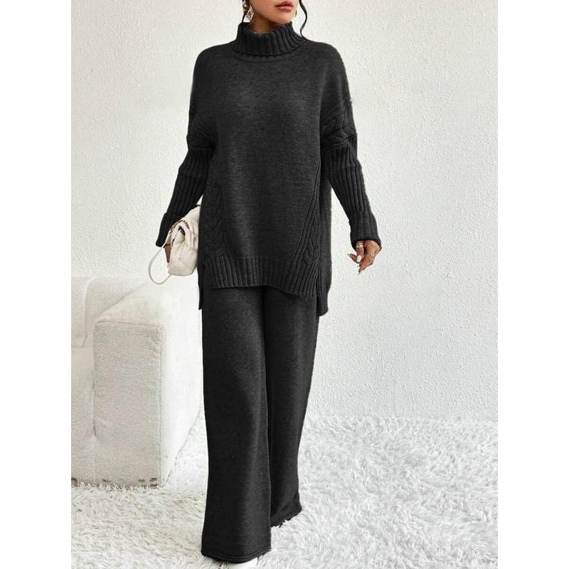 Two-Piece Set Women's Textured Split High Low Hem Sweater & Wide Leg Knitting Pants, Casual Fashion Cozy Turtle Neck Jumper & Trousers for Daily Outdoor Wear, Women's Knitwear for Fall & Winter