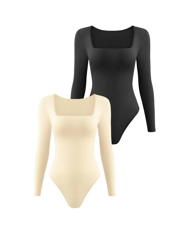 Women's Solid Square Neck Long Sleeve Shapewear Bodysuit, Casual Comfy Tummy Control Butt Lifting Shaper, Ladies Shapewear for All Seasons