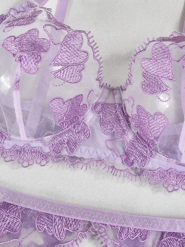 Women's Heart Embroidery Lace Bra & Garter Belt & Thong Set, Sexy Comfy Breathable Lingerie Set for Daily Wear, Women's Lingerie & Underwear for All Seasons