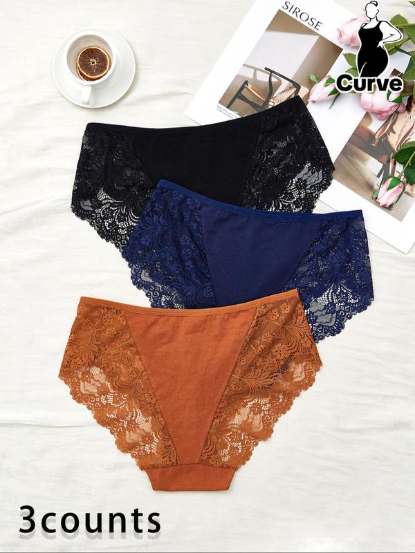 Plus Size 3pcs Breathable Contrast Lace Knicker, Women's Plus Solid Panty For Daily Wear, Fashion Ladies' Underwear For All Seasons