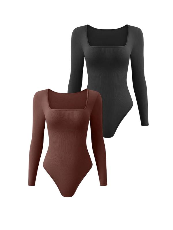 Women's Solid Square Neck Long Sleeve Shapewear Bodysuit, Casual Comfy Tummy Control Butt Lifting Shaper, Ladies Shapewear for All Seasons