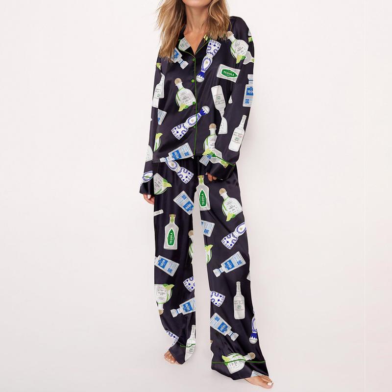 Tequila Bottles Pajama Set For Women Print Comfy Satin Sleepwear & Loungewear Pjs Printing Silky Top & Bottoms - SHESHOW