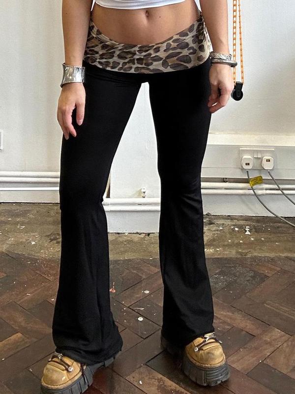 Women's Leopard Patchwork Print Flare Leg Pants, Pants for Women, Casual Comfy Drop Waist Bell Bottom Trousers for Daily Wear, Women's Fall & Winter Bottoms, Downtown Girl Clothes