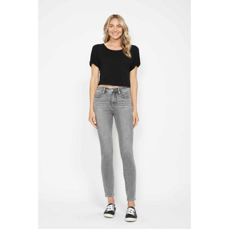 JUDY BLUE MID RISE TUMMY CONTROL SHIELD POCKETS GREY SKINNY JEANS