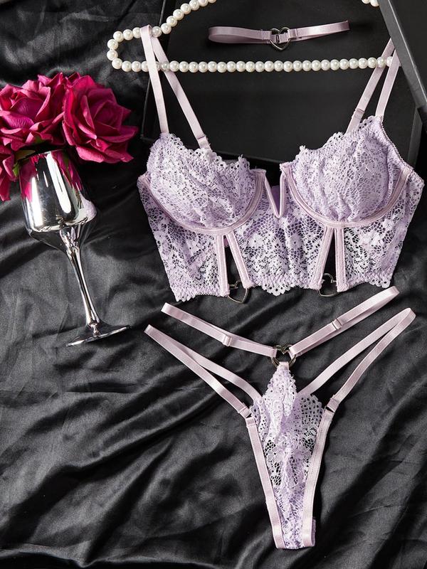Women's Floral Lace Sheer Bra & Thong Sexy Lingerie Set, Romantic & Elegance Heart Ring Linked Lingerie Set, Women's Lingerie & Underwear
