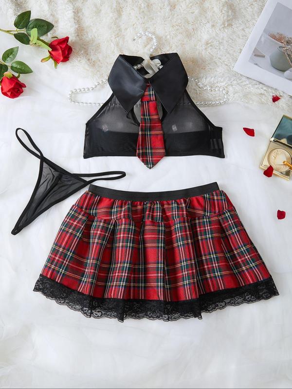 Women's Tie Collar Cut Out Crop Top & Sheer Thong & Plaid Print Lace Trim Skirt Sexy Lingerie Set, Sexy Underwear Three-piece Set, Women's Underwear
