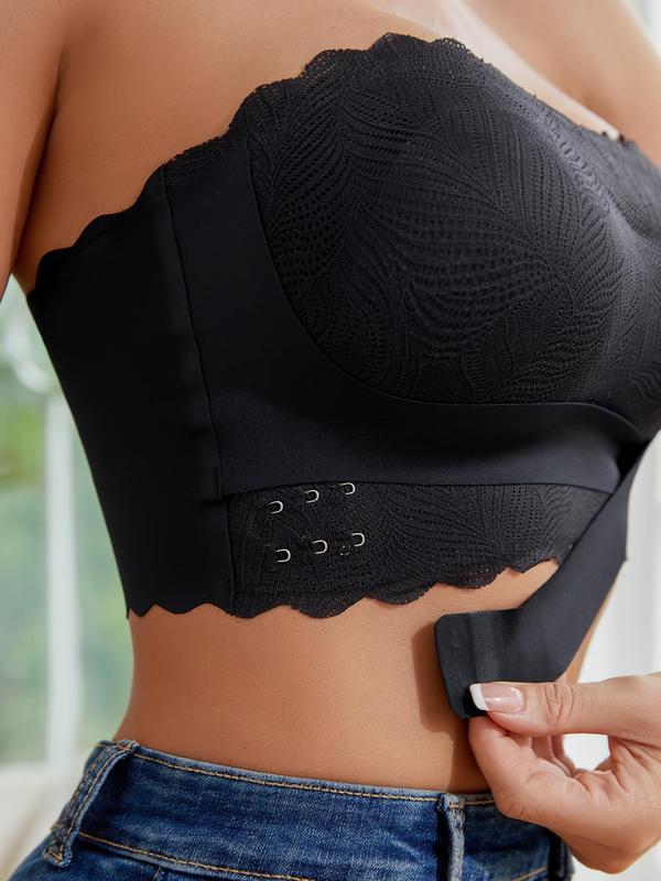 Women's Solid Color Lace Wireless Push Up Bra, Casual Scallop Trim Backless Bandeau Bra for Daily Wear, Soft Comfortable Breathable Lingerie for All Seasons