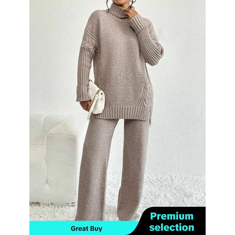 Two-Piece Set Women's Textured Split High Low Hem Sweater & Wide Leg Knitting Pants, Casual Fashion Cozy Turtle Neck Jumper & Trousers for Daily Outdoor Wear, Women's Knitwear for Fall & Winter