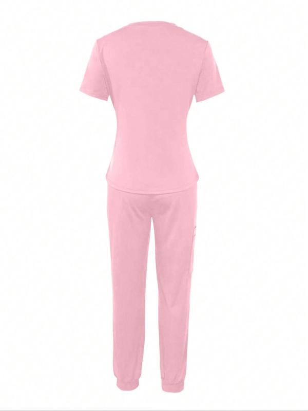 Two-piece Set Women's Solid Patched V Neck Tee & Drawstring Waist Pants Set, Casual Pocket Short Sleeve T-shirt & Elastic Waist Trousers, Ladies Two-piece Outfits for All Seasons