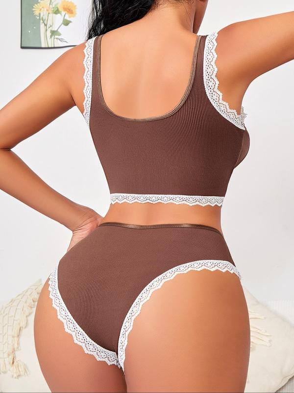 Two-Piece Set Women's Heart Decor Wireless Bra & Contrast Lace Panty Set, Casual Comfy Breathable Ribbed Lingerie Set, Underwear Set for Women