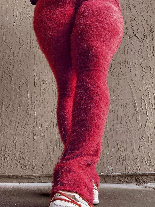 Women's Plain Fuzzy Flare Leg Pants, Fashionable High Waist Fitted Bell Bottom Trousers, Maxi Flared Pants, Women's Highwaist Bottoms, Comfy Pants