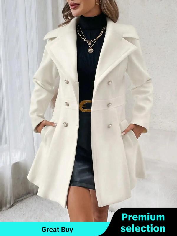 Women's Solid Double Button Pocket Overcoat, Casual Long Sleeve Lapel Neckline Outerwear for Daily Outdoor Womenswear, Lady Comfort Clothes for Fall & Winter, Fall Outfits, Coats for Women, Fallfreshness Clothes