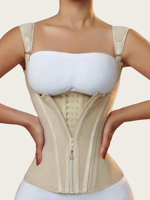 Women's Solid Color Sexy Zipper Front Corset Shapewear Top, Adjustable Hook & Eye Closure Waist Trainer, Tummy Control Shaper for Daily Wear Matt Waist Trainers