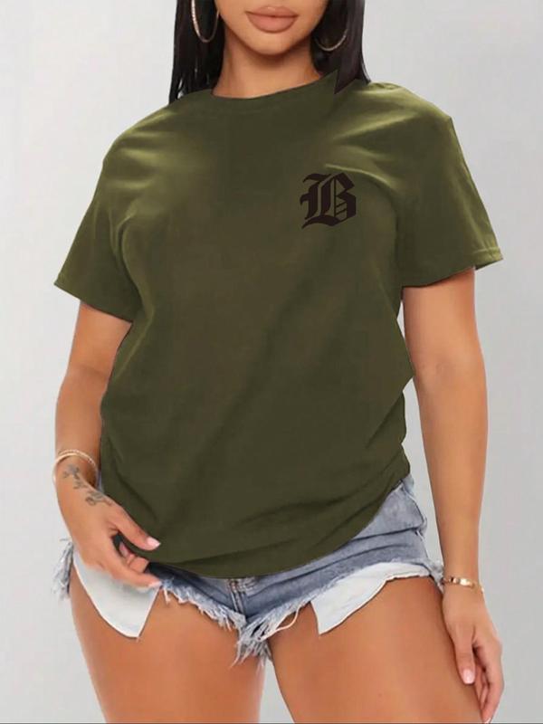  Cartoon & Letter Print Drop Shoulder Tee, Fashion Casual Crew Neck T-Shirt for Daily Holiday Vacation Outdoor Wear, Women Clothing for Summer
