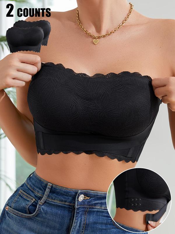 Women's Solid Color Lace Wireless Push Up Bra, Casual Scallop Trim Backless Bandeau Bra for Daily Wear, Soft Comfortable Breathable Lingerie for All Seasons