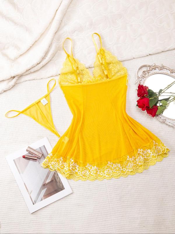 Women's Floral Lace Trim Cami Dress & Thong Sexy Lingerie Set, Romantic Comfy Breathable Mesh Lingerie Set for Daily Wear, Women's Lingerie & Underwear for All Seasons