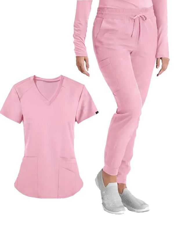 Two-piece Set Women's Solid Patched V Neck Tee & Drawstring Waist Pants Set, Casual Pocket Short Sleeve T-shirt & Elastic Waist Trousers, Ladies Two-piece Outfits for All Seasons