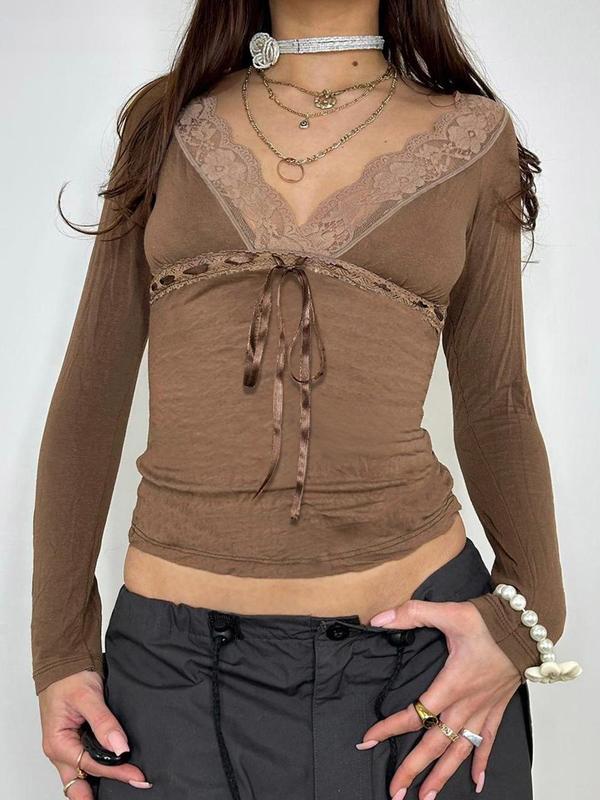 Women's Plain Contrast Lace Tie Front Tee, Casual V Neck Long Sleeve T-shirt for Fall & Winter, Women's Clothing for Daily Wear