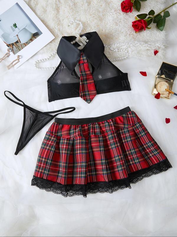 Women's Tie Collar Backless Crop Top & Plain Thong & Plaid Print Contrast Lace Trim Skirt Sexy Lingerie Set, Sexy Sheer Mesh School Girl Costume, Women's Lingerie & Underwear