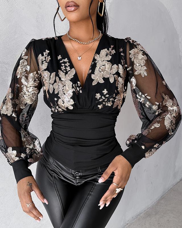 Chicme Floral Sequin Decor Sheer Mesh Top