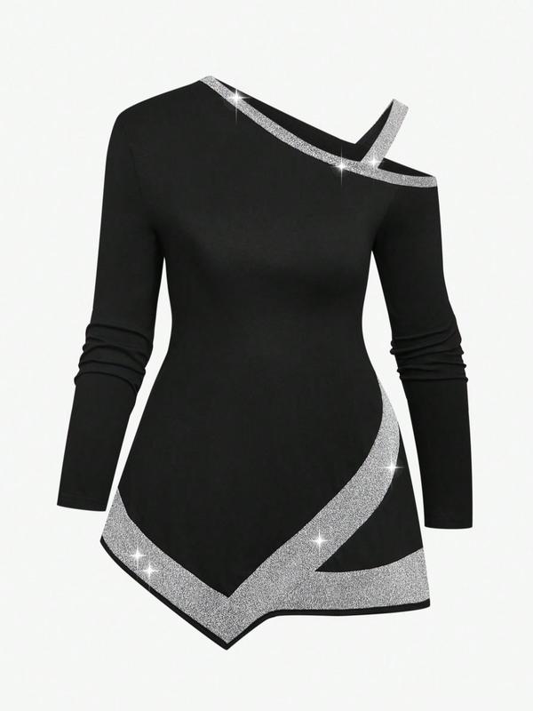  Two-Piece Set Colorblock Asymmetrical Neck Top & Skinny Pants, Casual Long Sleeve Top & Leggings for Spring & Fall, Women's Clothes for Daily Wear