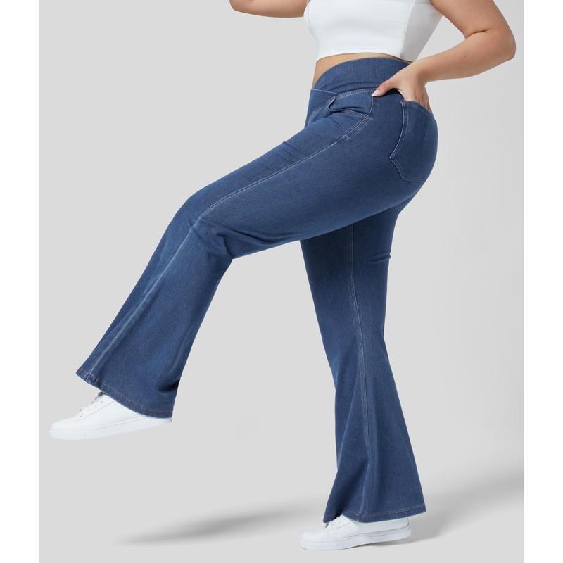 Halara Flex High Waisted Crossover Pocket Washed Stretchy Knit Casual Plus Size Super Flare Jeans