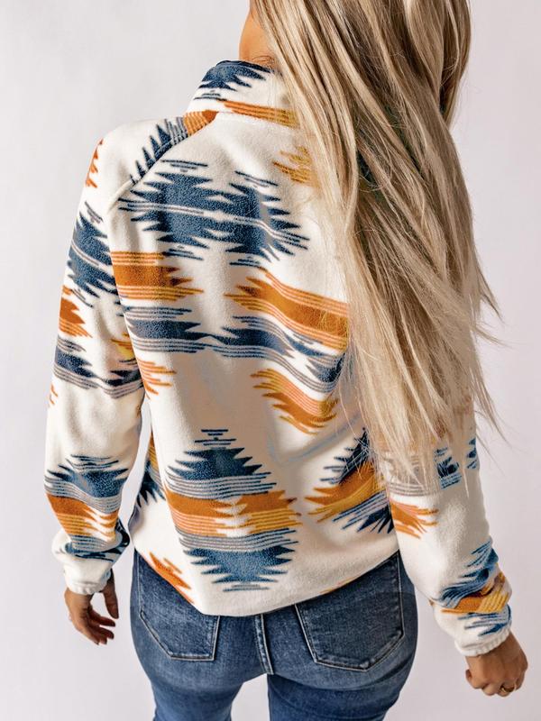 Women's Ethnic Pattern Button Front Pocket Jacket, Western Style Raglan Sleeve Stand Collar Zipper Fall Outerwear, Ladies Clothes for Daily Wear, Fall Outfits, Fallfreshness, Winter Outfits 2024, Preppy 80s Clothes