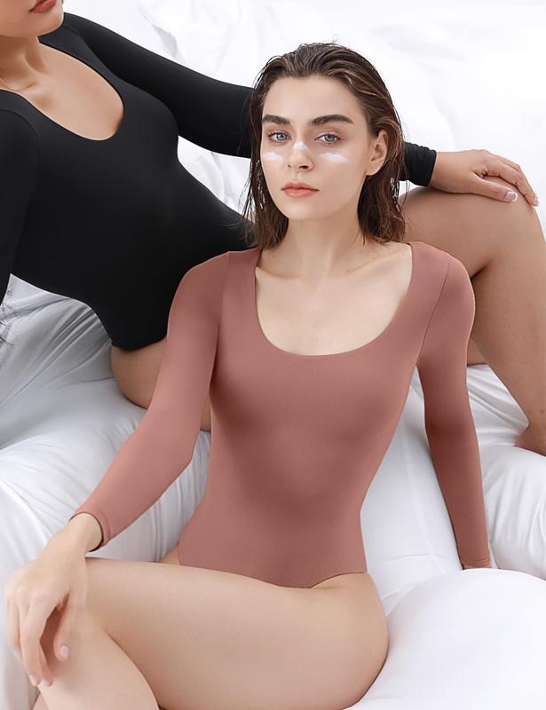 PUMIEY Women's Scoop Neck Long Sleeve Bodysuit Body-hugging Sexy Tops Womenswear Longsleeves Comfort Basic Underwear Lady Minimalist bodysuit  chanclas
