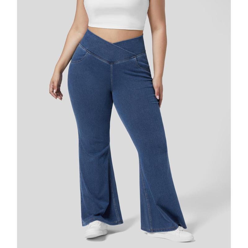 Halara Flex High Waisted Crossover Pocket Washed Stretchy Knit Casual Plus Size Super Flare Jeans