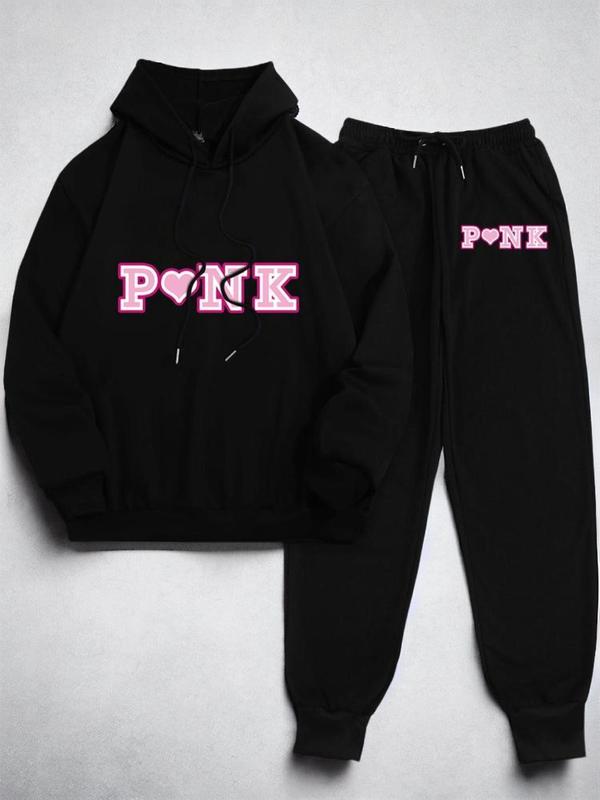 Women's Letter Print Drop Shoulder Hoodie & Drawstring Waist Pants Set, Back To School Outfits, Casual Comfort Pullover & Jogger Pants for Daily Wear, 2 Piece Sets Women, Outfit Sets for Women, Women's Clothes, Please Purchase A Size Up