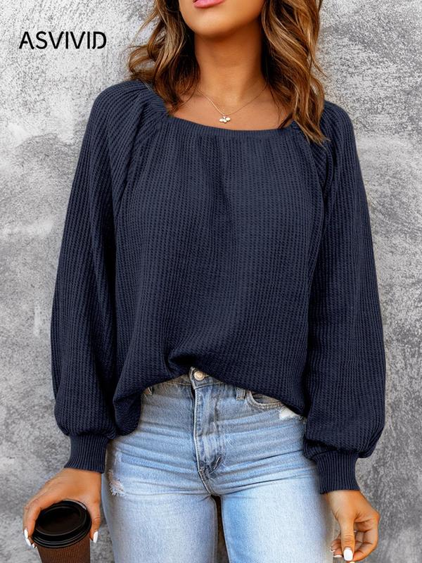 Women's Plain Square Neck Bishop Sleeve Knit Top, Casual Long Sleeve Waffle Knitwear Top for Spring & Fall, Fashion Women's Knit Clothing for Daily Wear